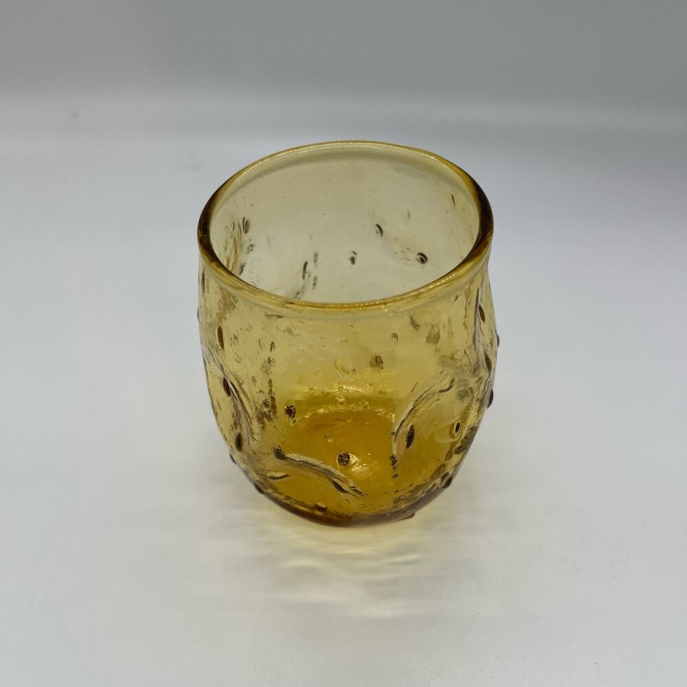 MCM Anchor Hocking Crinkle Glass Lido Amber Roly Poly Thumbprint Low Ball Glass